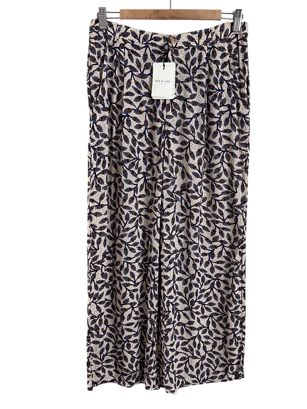 Indi & Cold Pant Flowy Floral Leaf Blue Cream Casual Boho Spain 38 Small NEW